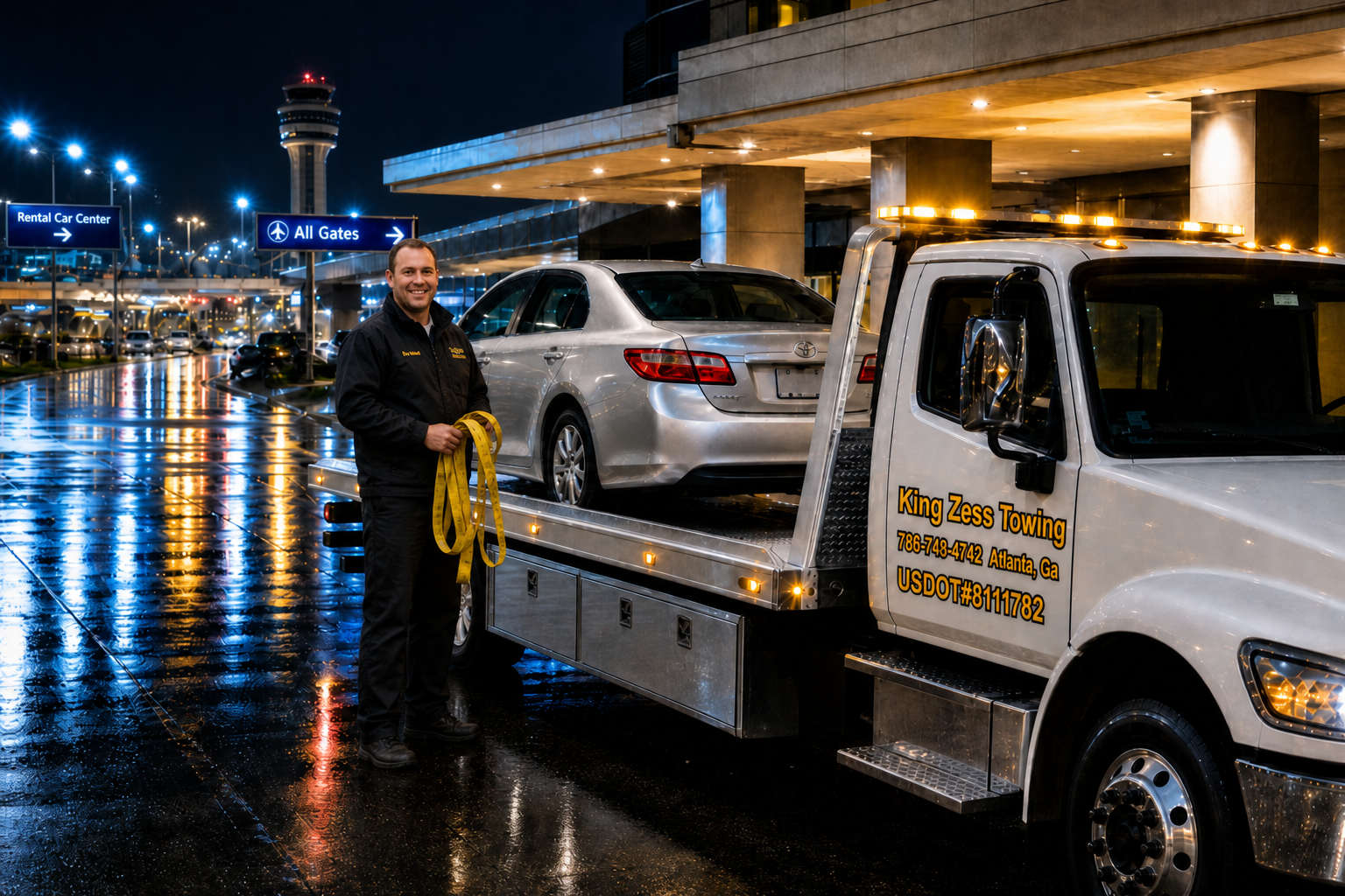 King Zess Towing operator with yellow straps beside a silver sedan on a flatbed at the Atlanta airport rental corridor